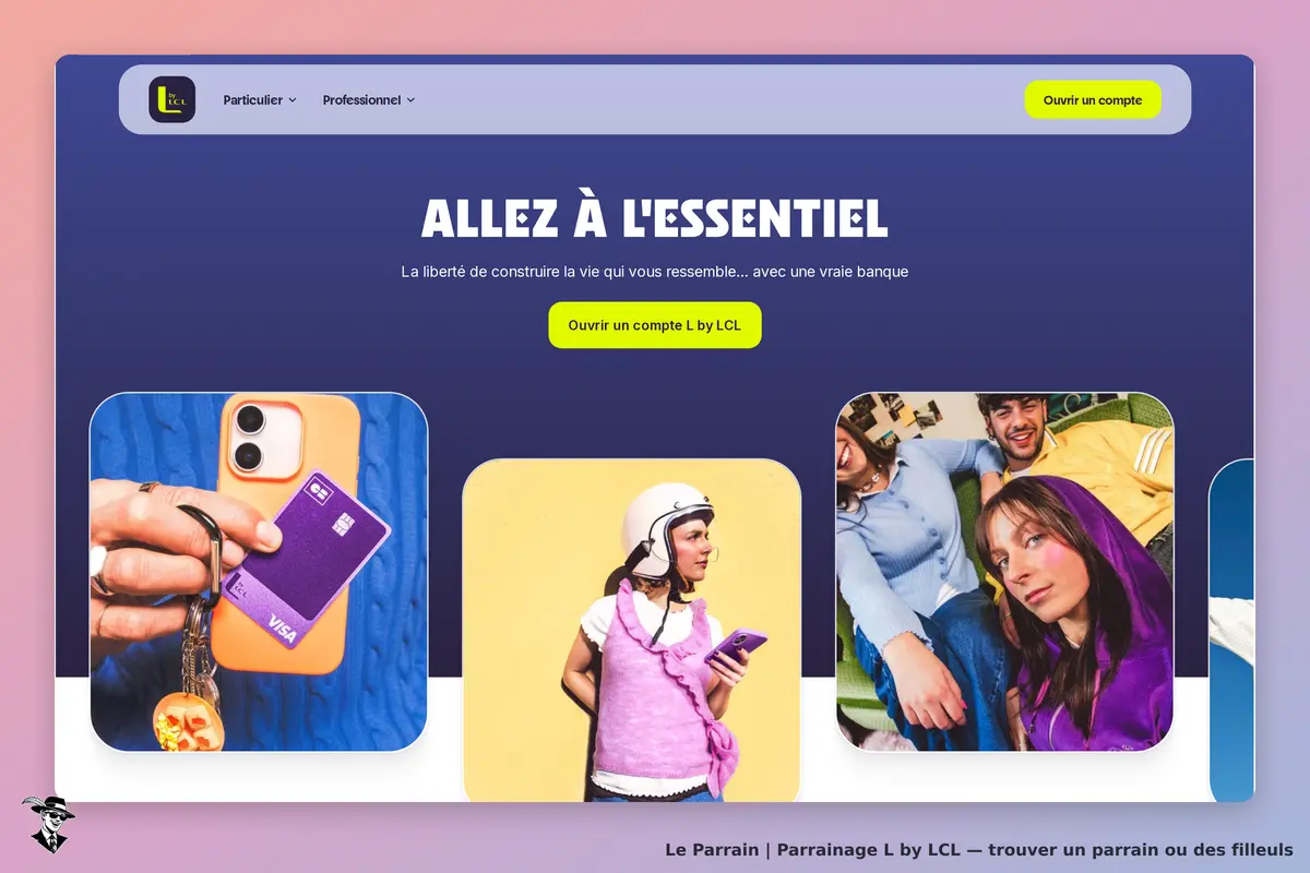 L by LCL : page d'accueil avec visuels colorés et invitation à ouvrir un compte