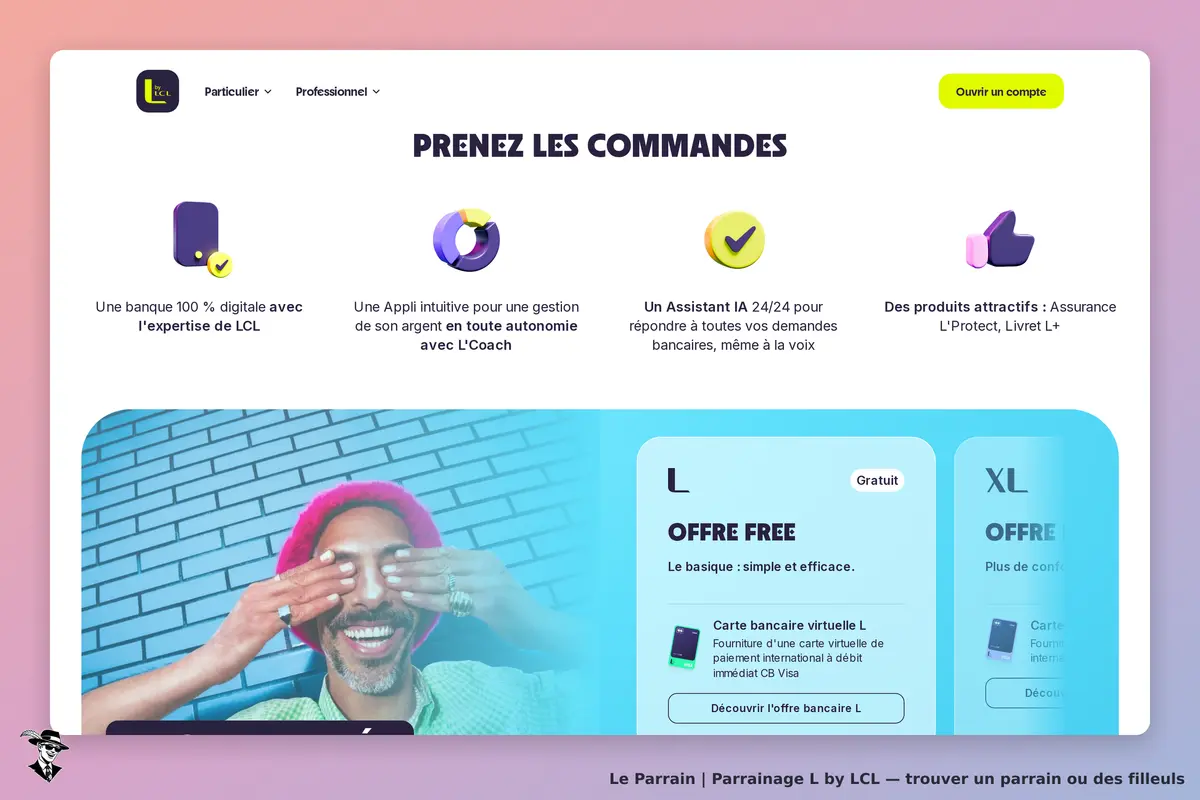 L by LCL : page d'accueil avec services bancaires et offres, homme souriant en arrière-plan