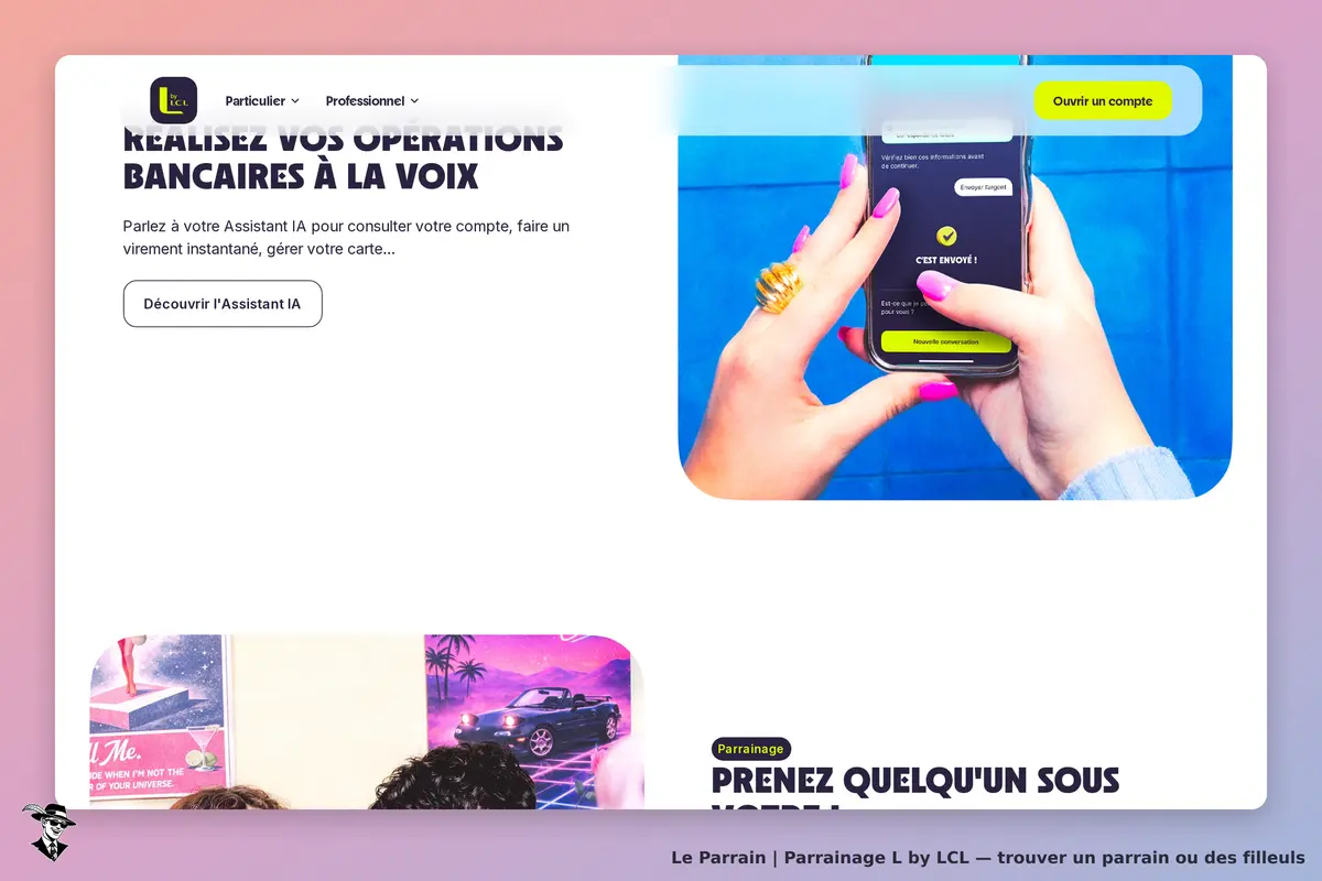 L by LCL : page d'accueil avec un smartphone et un assistant vocal pour opérations bancaires