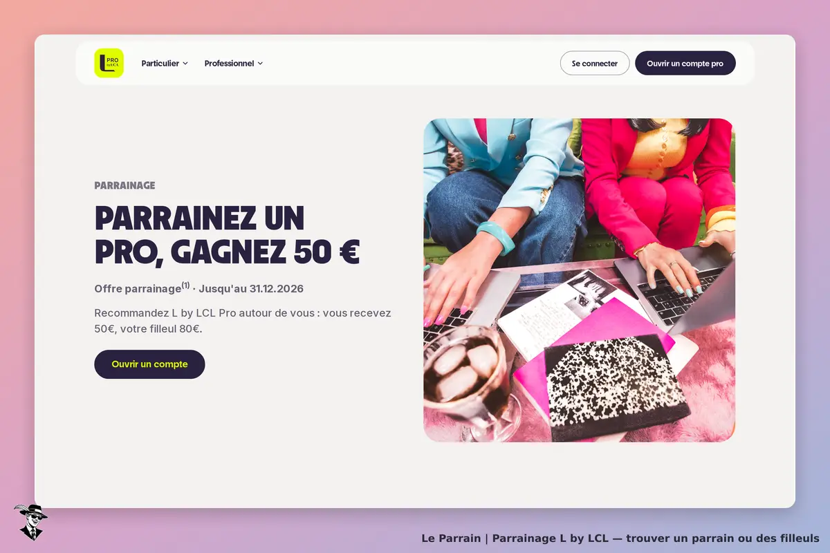 L by LCL : page d'accueil avec un encadré sur le parrainage et des personnes utilisant des