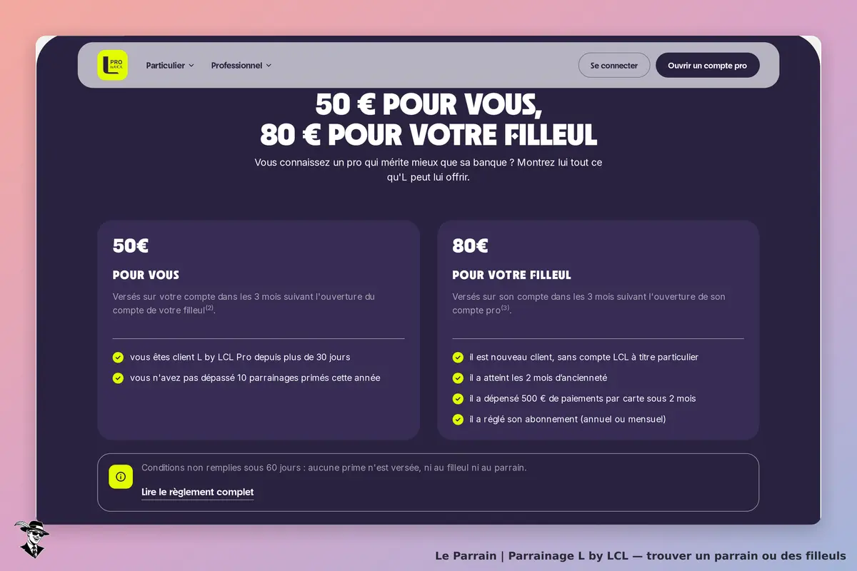 L by LCL : page d'accueil avec informations sur le parrainage et conditions d'éligibilité