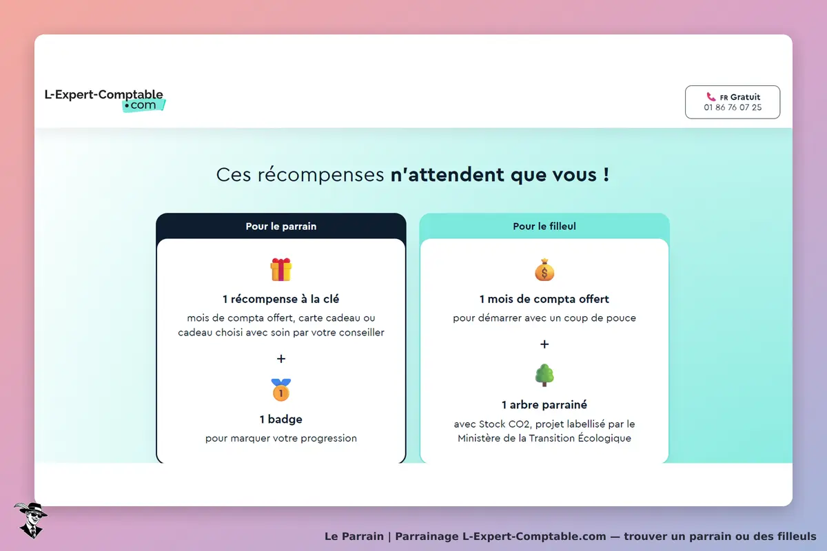 L-Expert-Comptable.com : page présentant des récompenses pour le parrain et le filleul