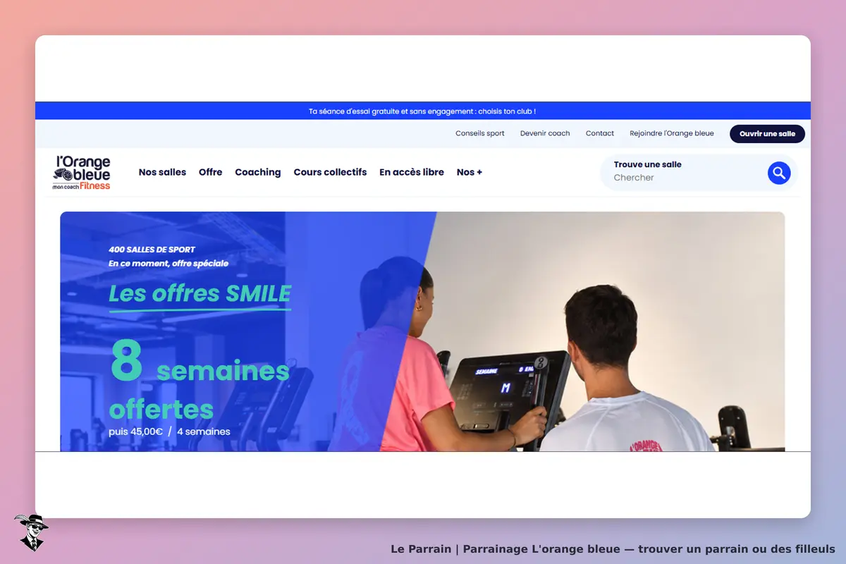 L'orange bleue : page d'accueil avec offres et personnes utilisant des équipements de fitness