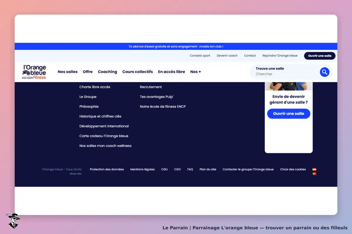 L'orange bleue : menu de navigation avec sections et option pour ouvrir une salle