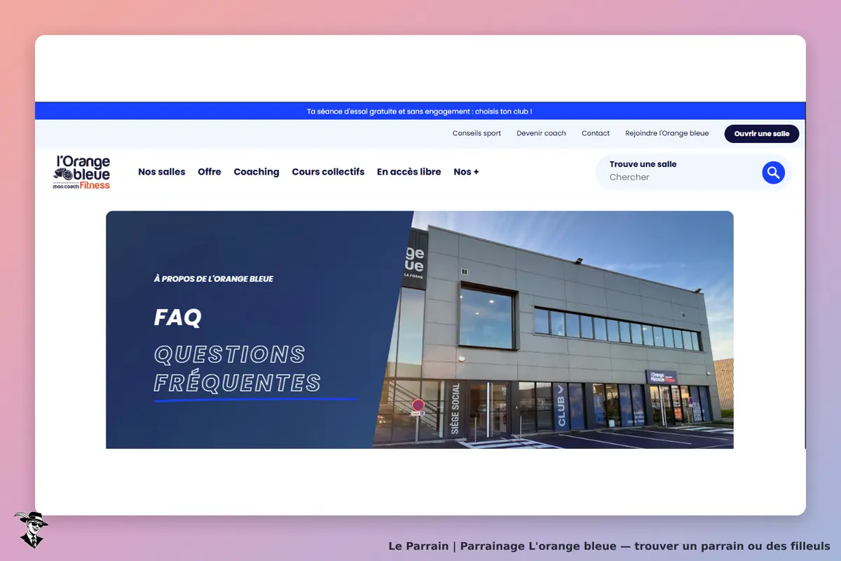 L'orange bleue : page d'accueil avec un bâtiment et des informations sur la FAQ