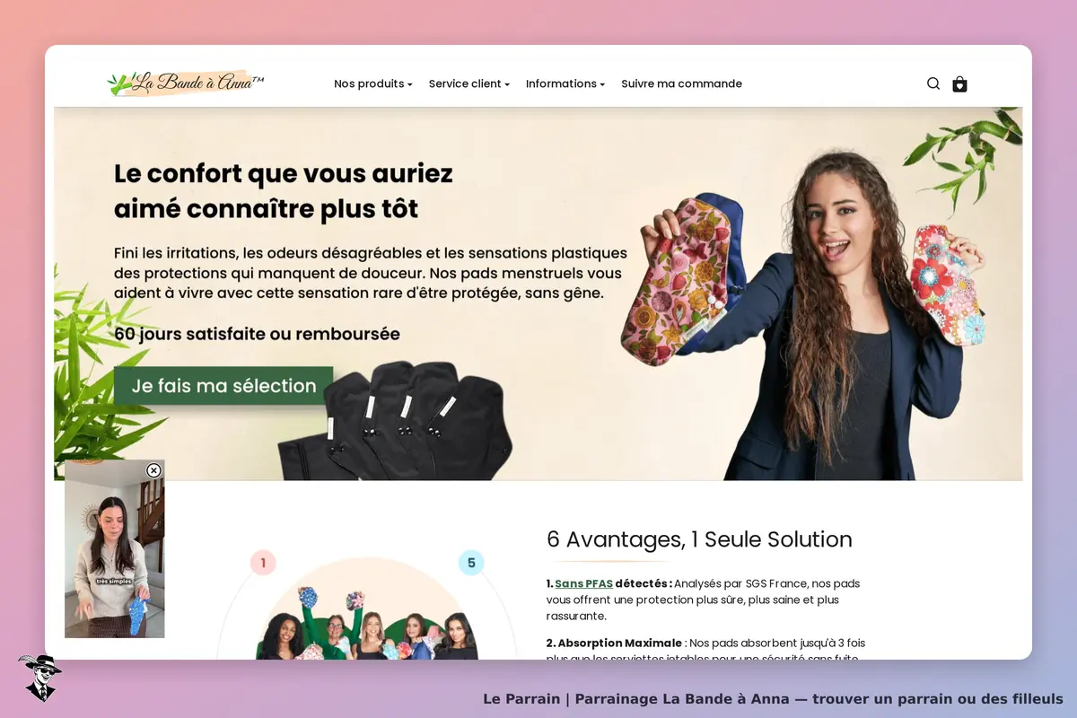 La Bande à Anna : page d'accueil avec une femme montrant des protections menstruelles colorées