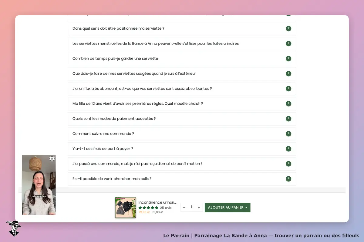 La Bande à Anna : FAQ sur les serviettes menstruelles et produit affiché avec vidéo explicative