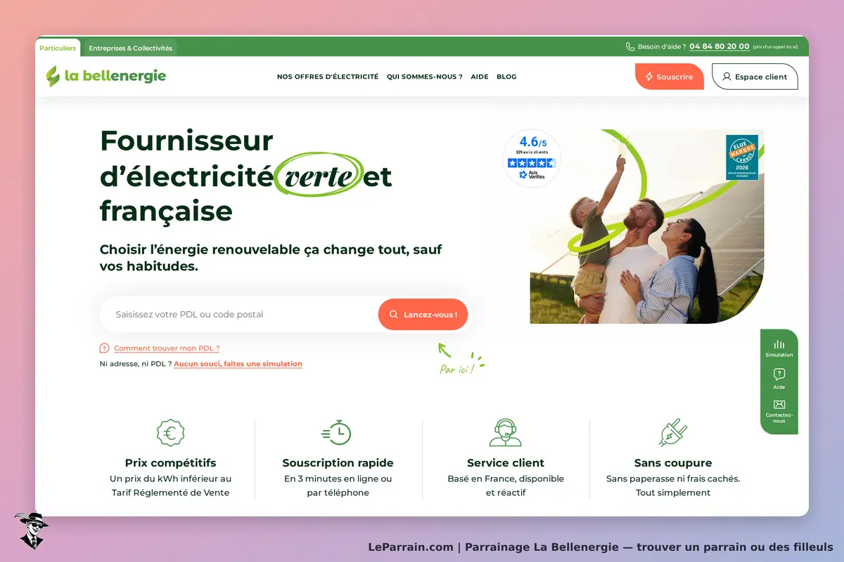 La Bellenergie : page d'accueil présentant des services d'électricité verte et un formulaire de