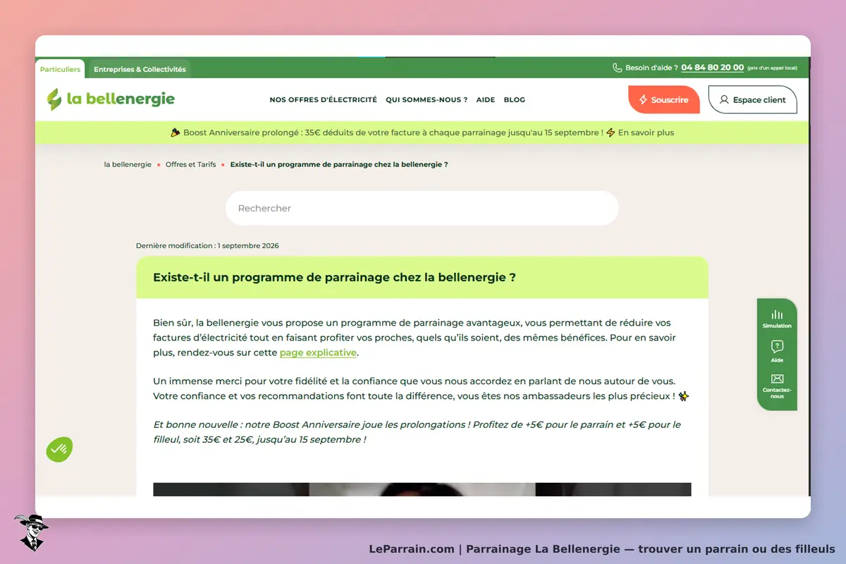 La Bellenergie : page d'accueil avec informations sur le programme de parrainage