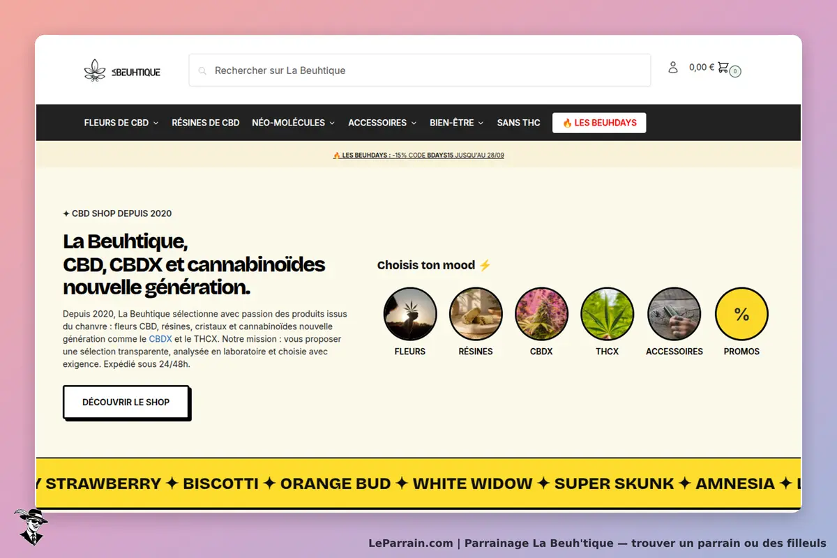La Beuh'tique : page d'accueil présentant des catégories de produits CBD et un slogan explicatif