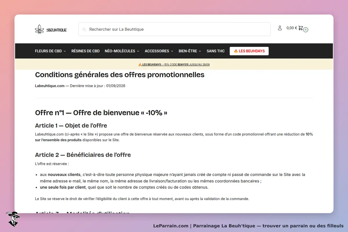 La Beuh'tique : conditions générales des offres promotionnelles sur la page d'accueil
