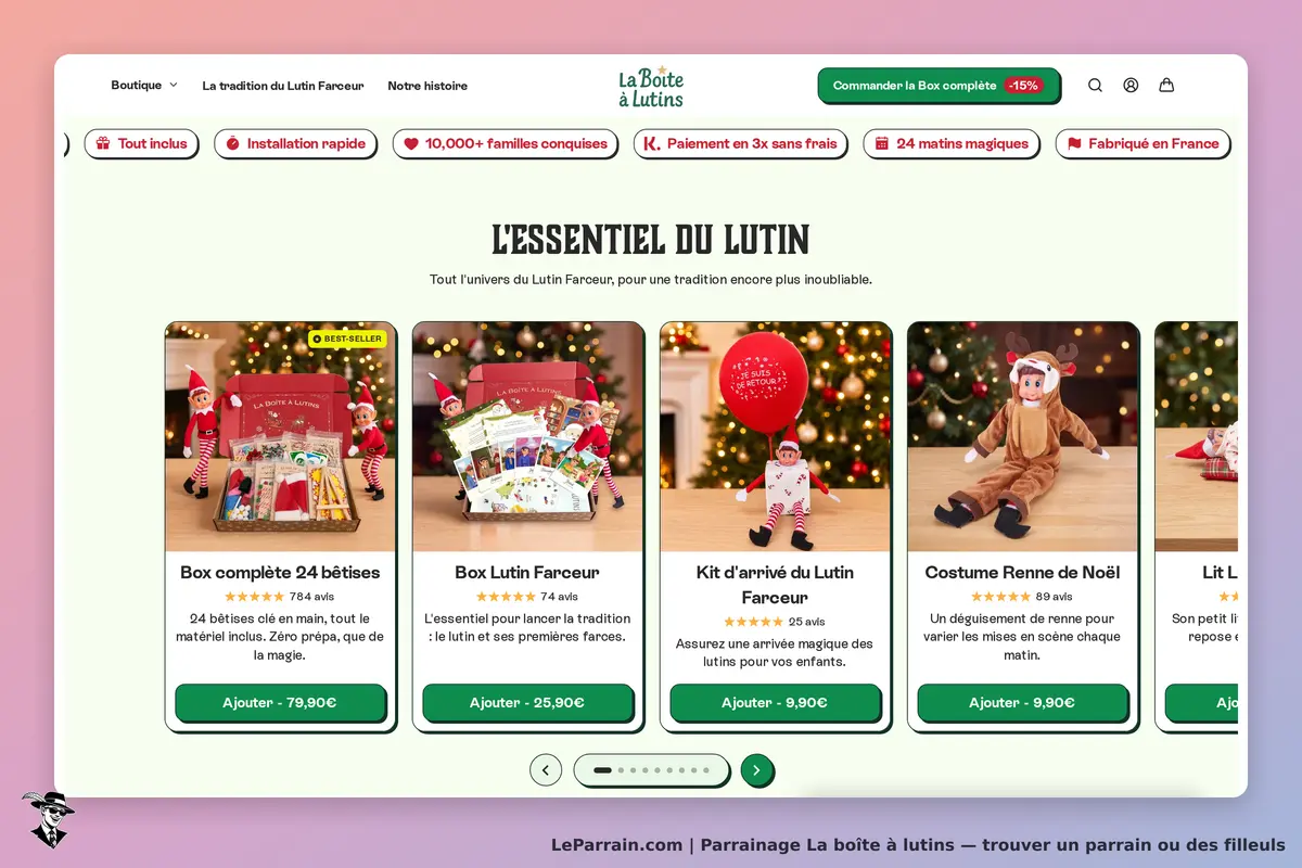 La boîte à lutins : page d'accueil avec produits de Noël et lutins en décor festif