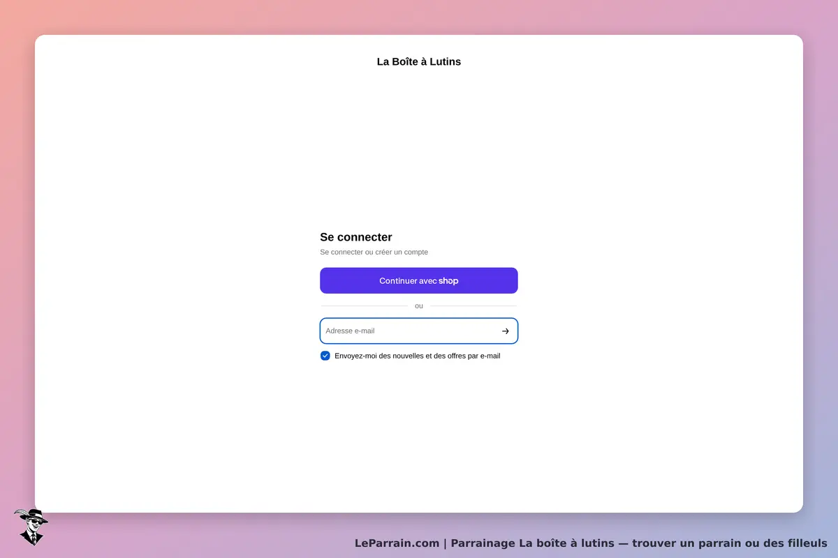 La boîte à lutins : page de connexion avec champs pour adresse e-mail et bouton de validation