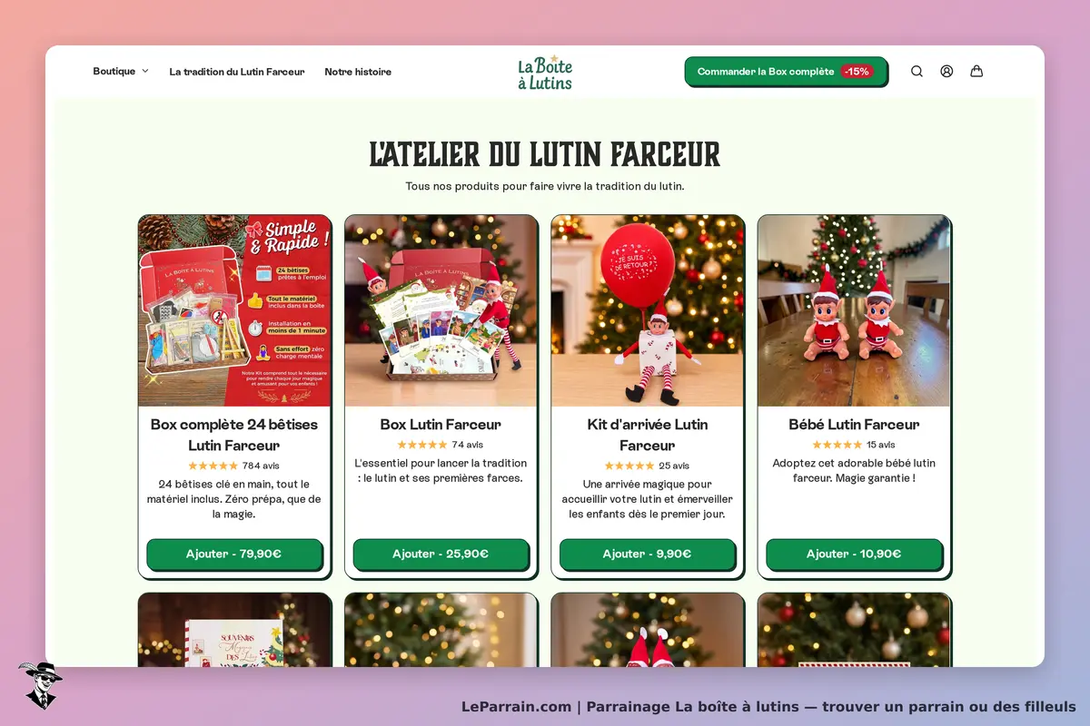 La boîte à lutins : page d'accueil avec produits liés à la tradition du lutin farceur