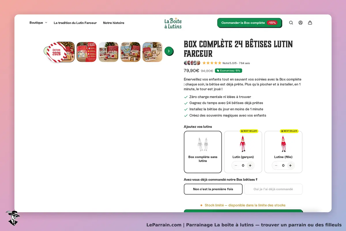 La boîte à lutins : page produit pour une box complète de 24 bêtises de lutins farceurs