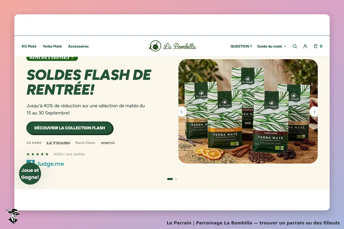 La Bombilla : page d'accueil présentant des sachets de yerba maté et une promotion en cours