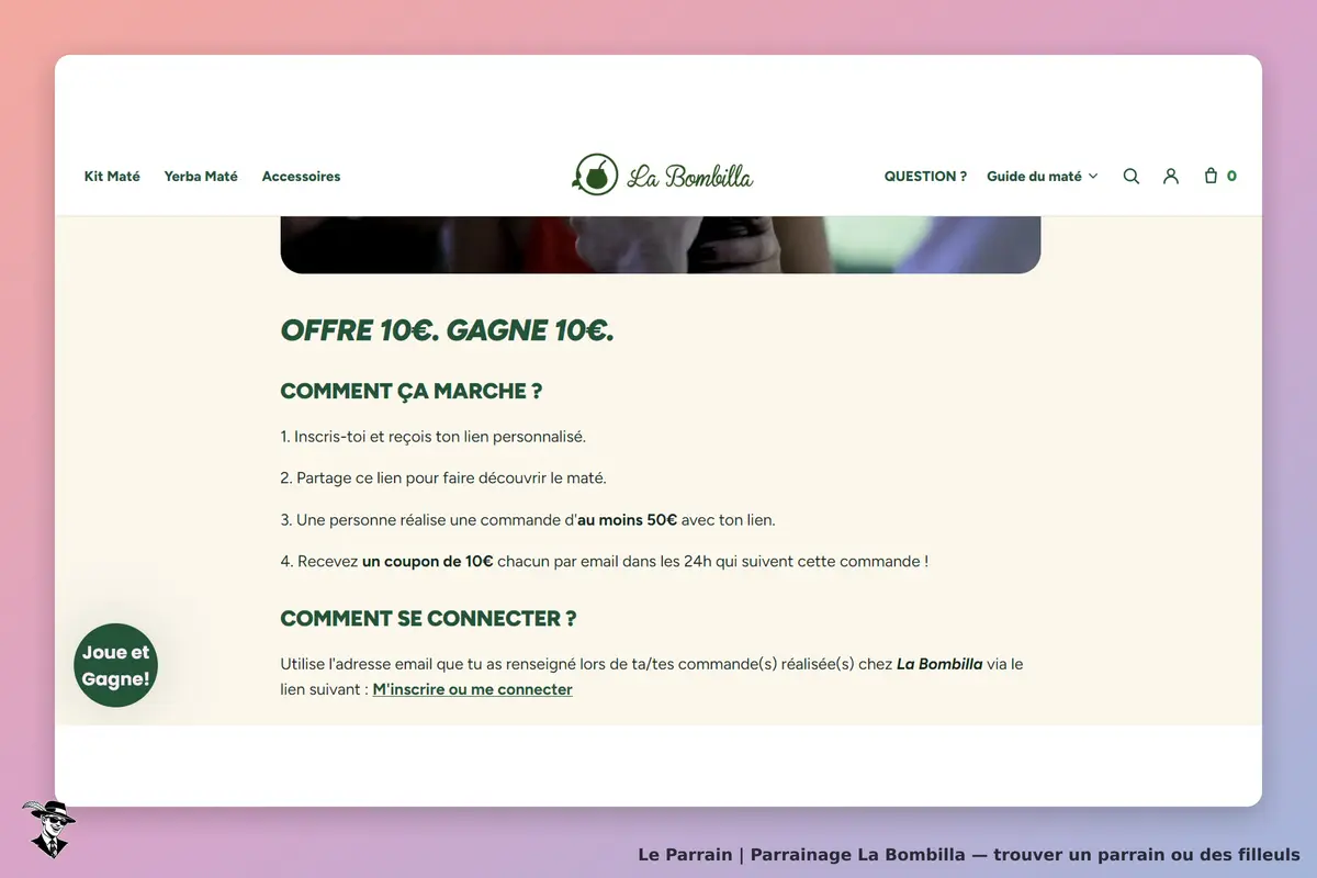 La Bombilla : page d'accueil présentant une offre de parrainage et ses modalités