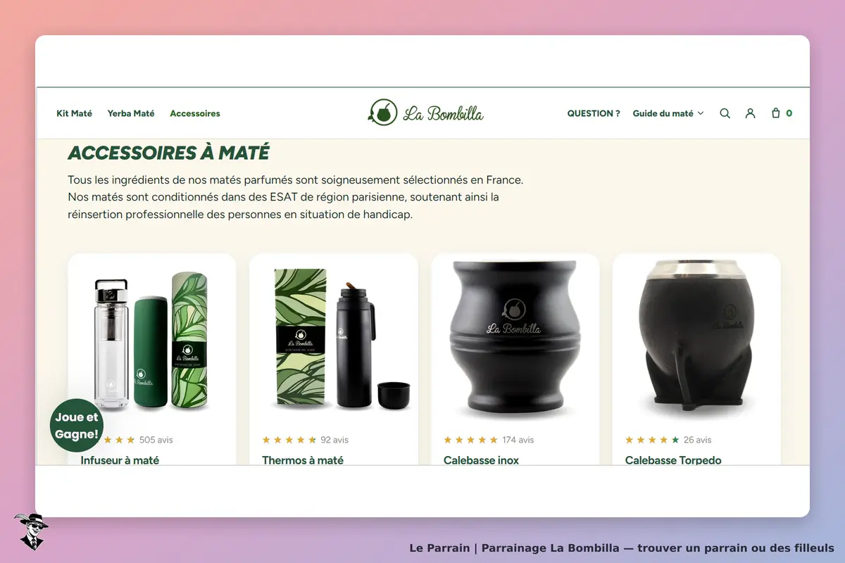 La Bombilla : page des accessoires à maté avec divers produits affichés et évaluations