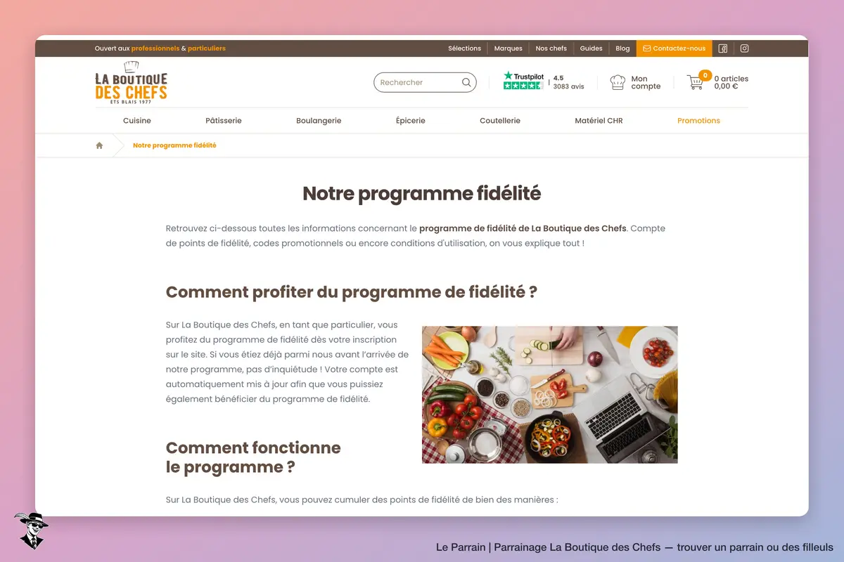 Page parrainage de La Boutique des Chefs