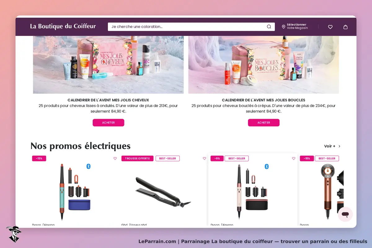 La Boutique du Coiffeur : page d'accueil avec des produits de soins capillaires et outils