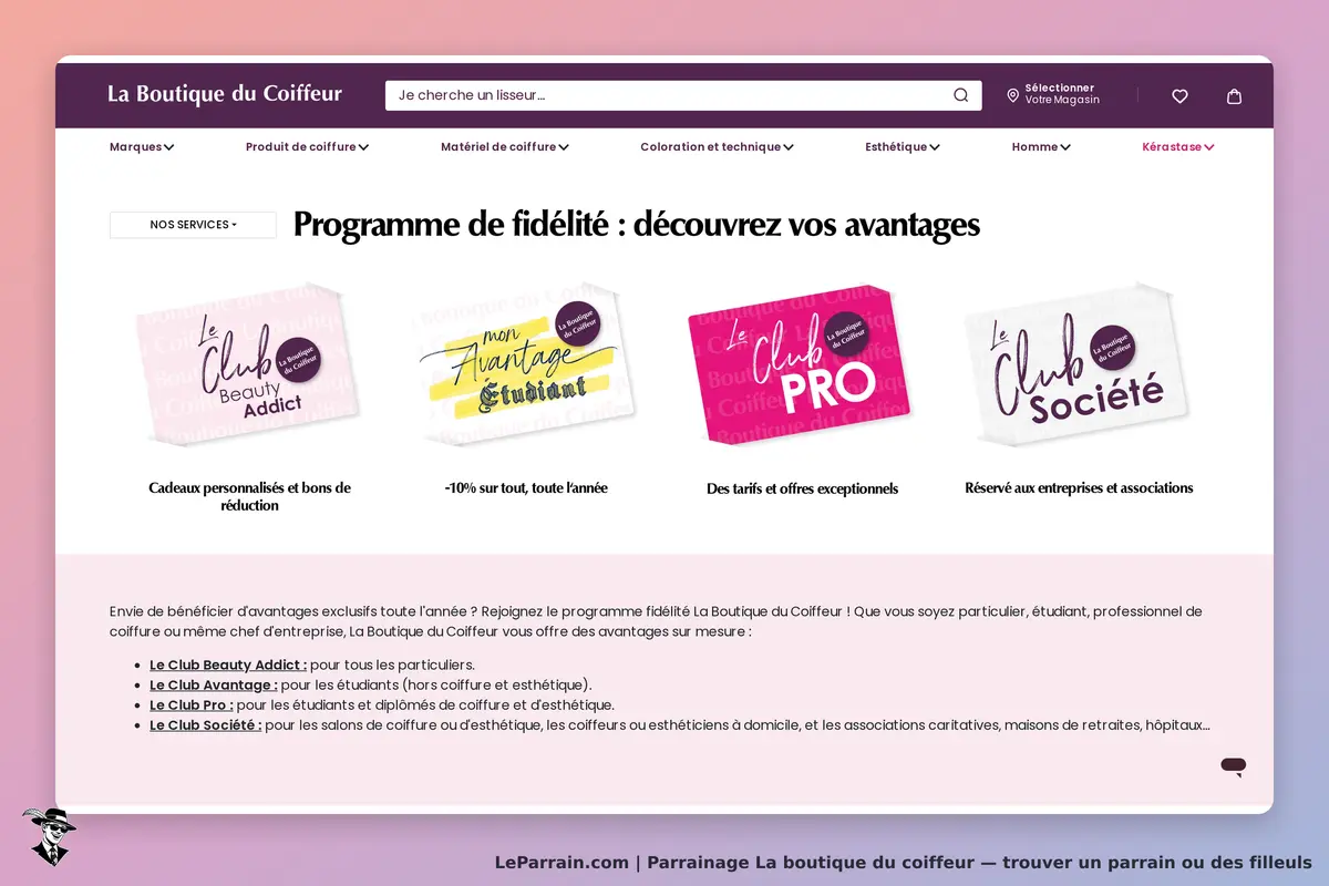 La Boutique du Coiffeur : programme de fidélité avec plusieurs cartes et avantages affichés
