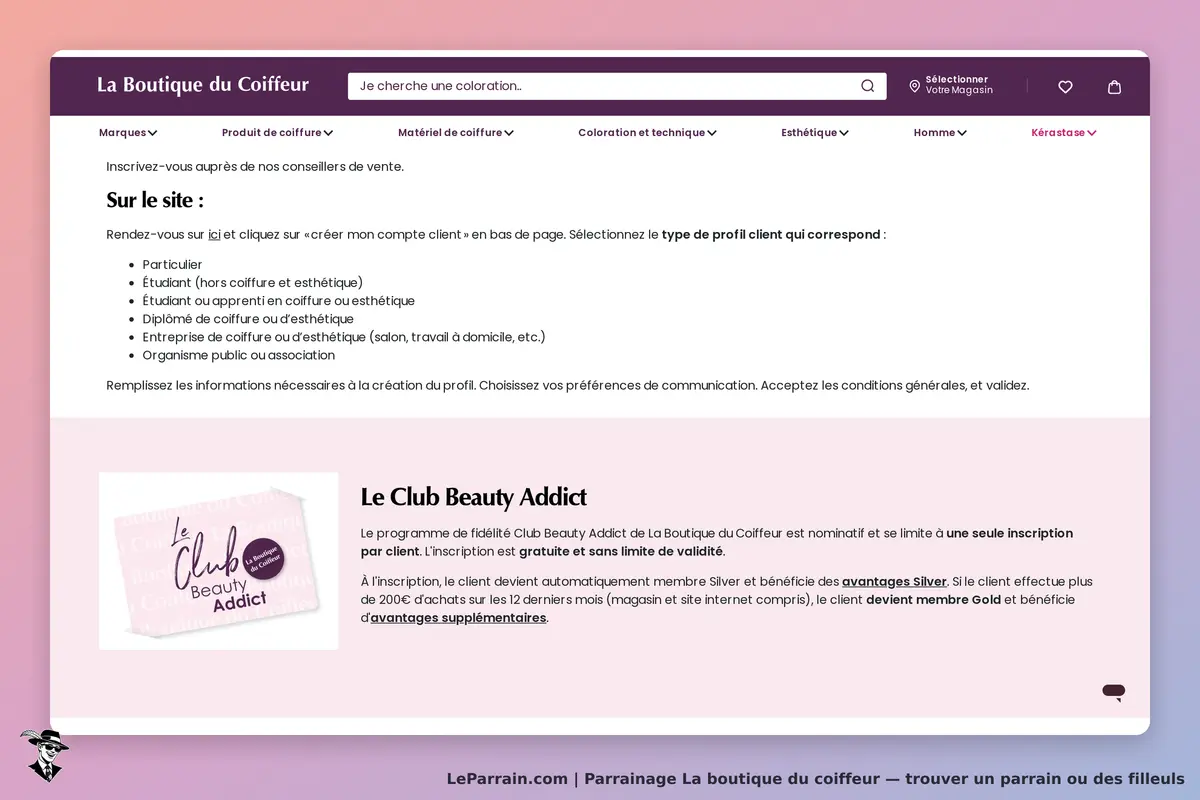 La Boutique du Coiffeur : section d'inscription pour le programme de fidélité Beauty Addict