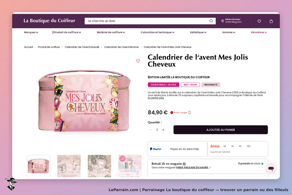 La Boutique du Coiffeur : calendrier de l'Avent Mes Jolis Cheveux sur fond rose et décorations