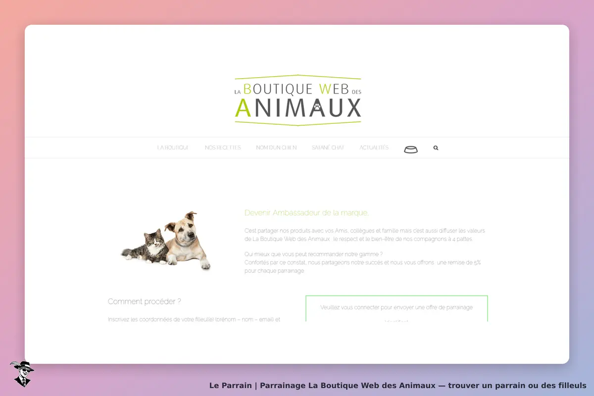 La Boutique Web des Animaux : page d'accueil avec un chien et un chat, section ambassadeur visible