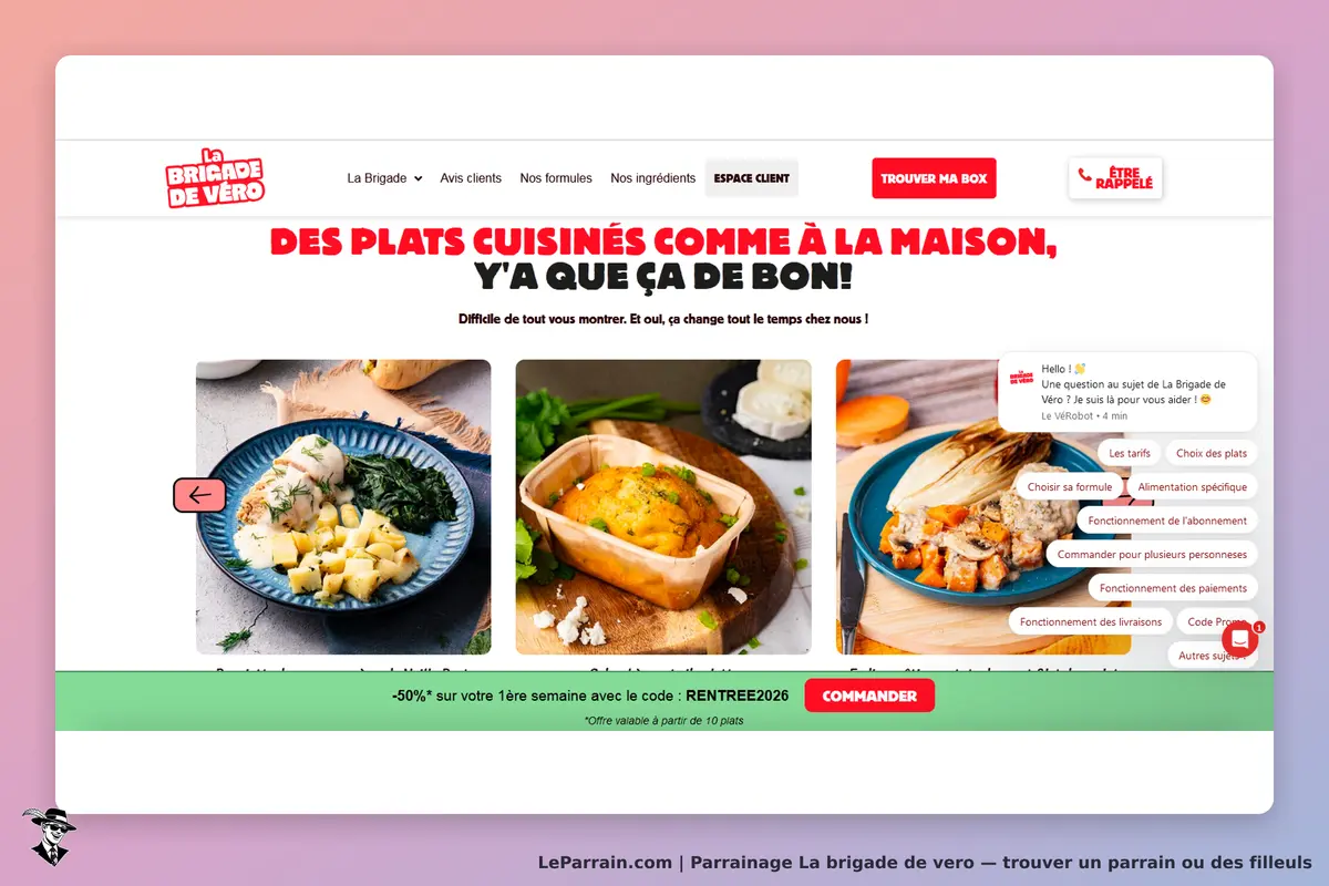 La brigade de vero : page d'accueil avec plats cuisinés et options de commande affichées