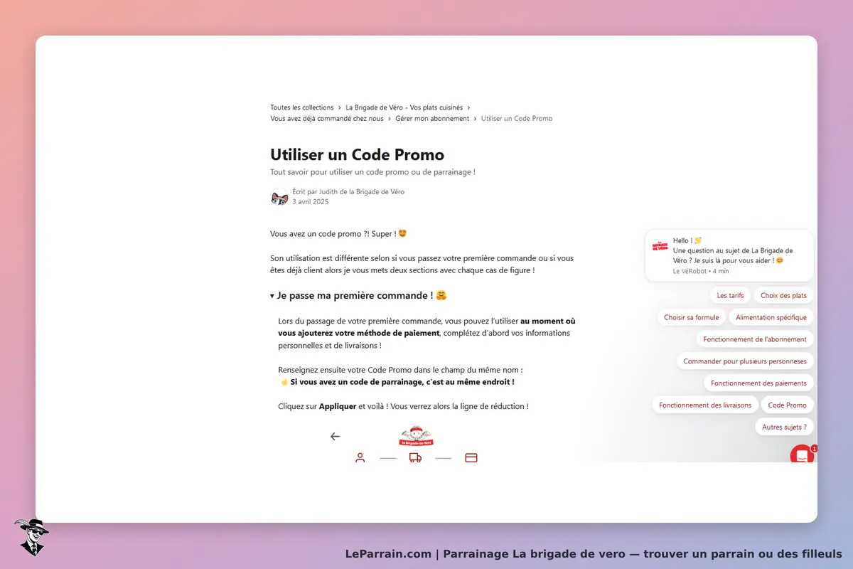 La brigade de vero : la brigade de Véro : page d'aide sur l'utilisation d'un code promo pour les