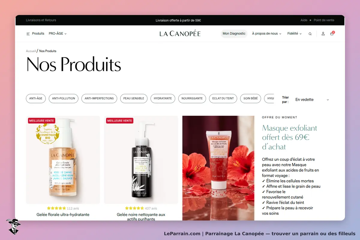 La Canopée : page présentant des produits de soins avec trois articles en vedette