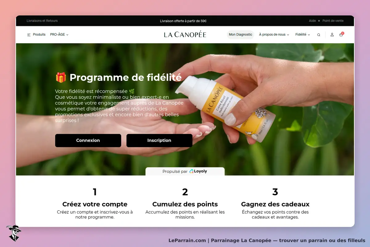 La Canopée : page d'accueil avec programme de fidélité et produit cosmétique en main