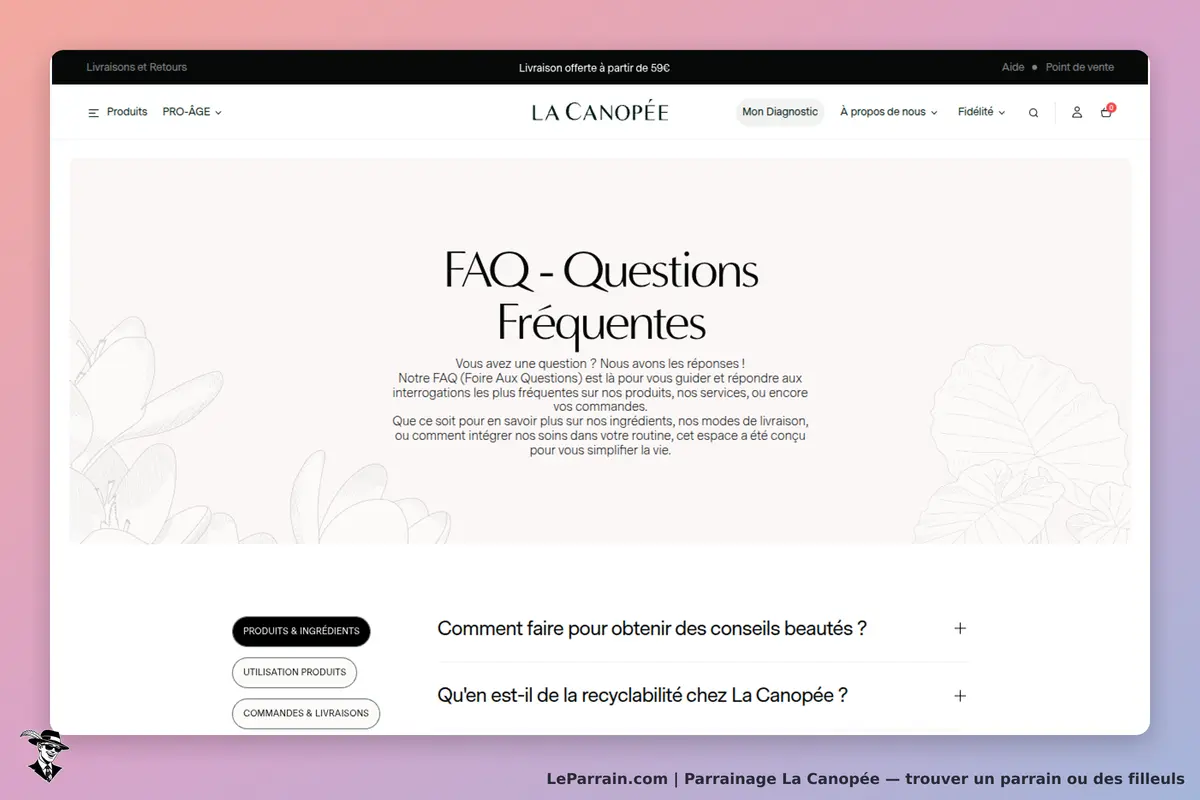 La Canopée : page FAQ avec questions fréquentes et options de navigation en bas de l'écran