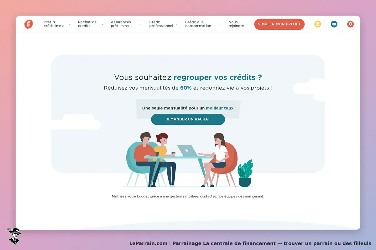 La centrale de financement : page d'accueil avec un groupe discutant autour d'une table