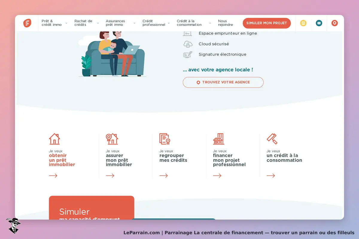 La centrale de financement : page d'accueil avec options de simulation de prêts et illustration