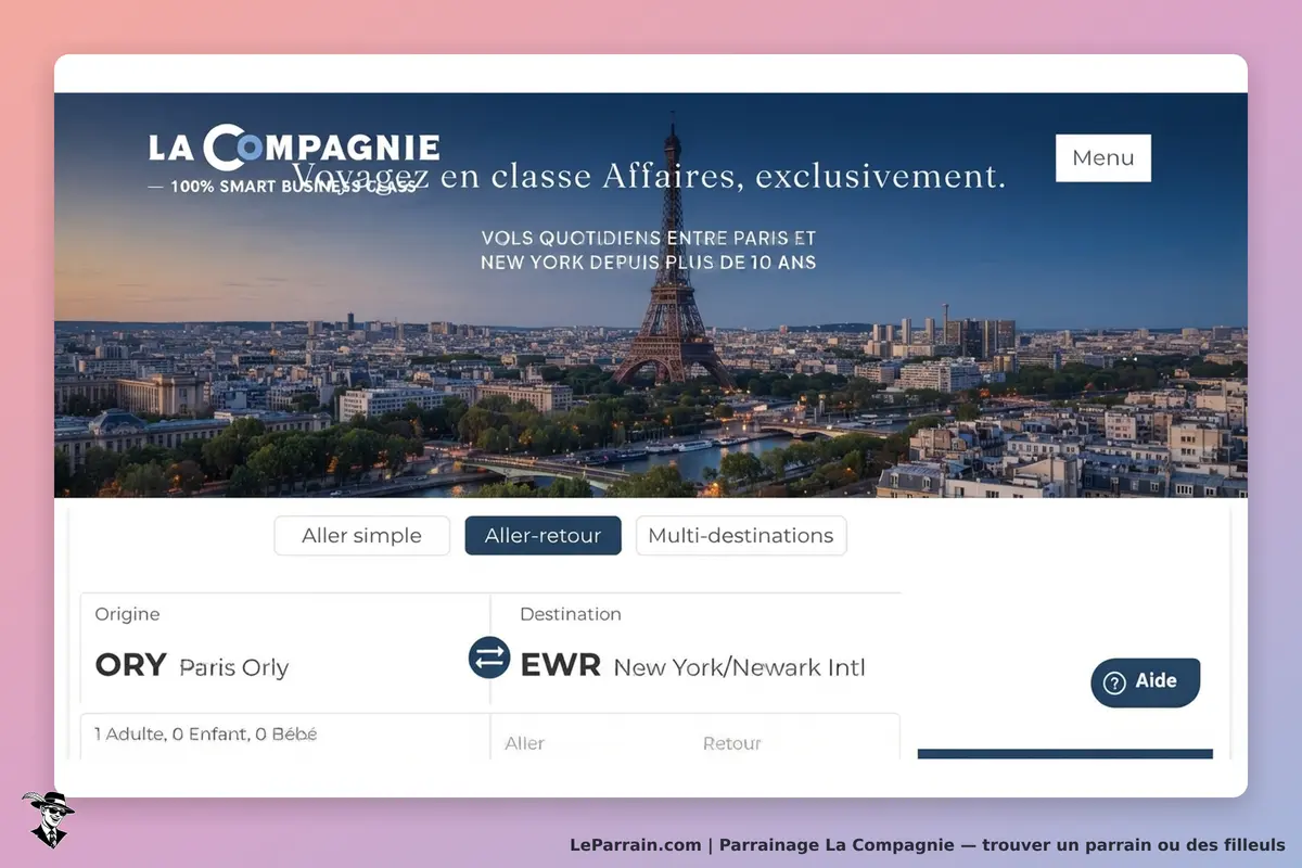 La Compagnie : page d'accueil avec un formulaire de réservation de vols entre Paris et New York