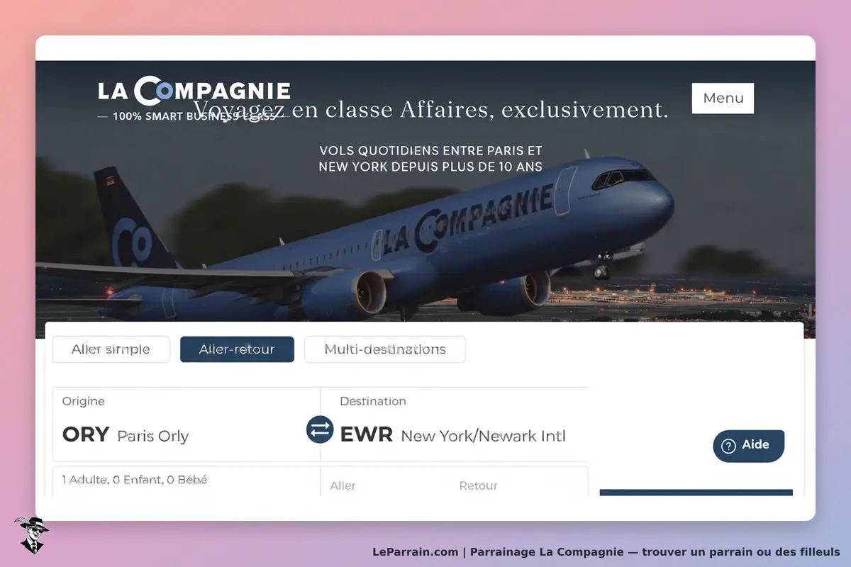 La Compagnie : page d'accueil avec un avion et un formulaire de réservation de vol