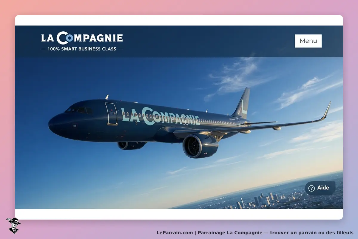 La Compagnie : image d'un avion en vol avec le logo de la compagnie sur fond de ciel bleu