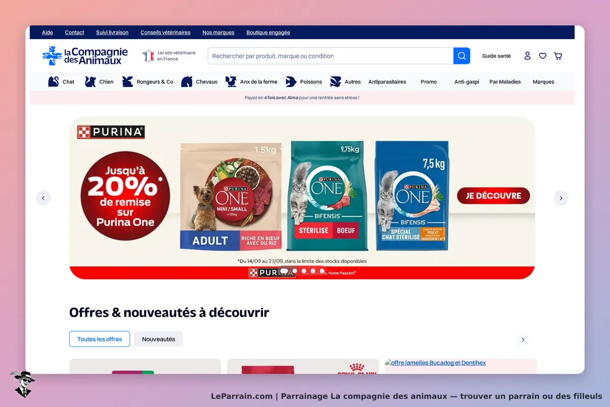 La compagnie des animaux : page d'accueil avec produits Purina One et promotions visibles