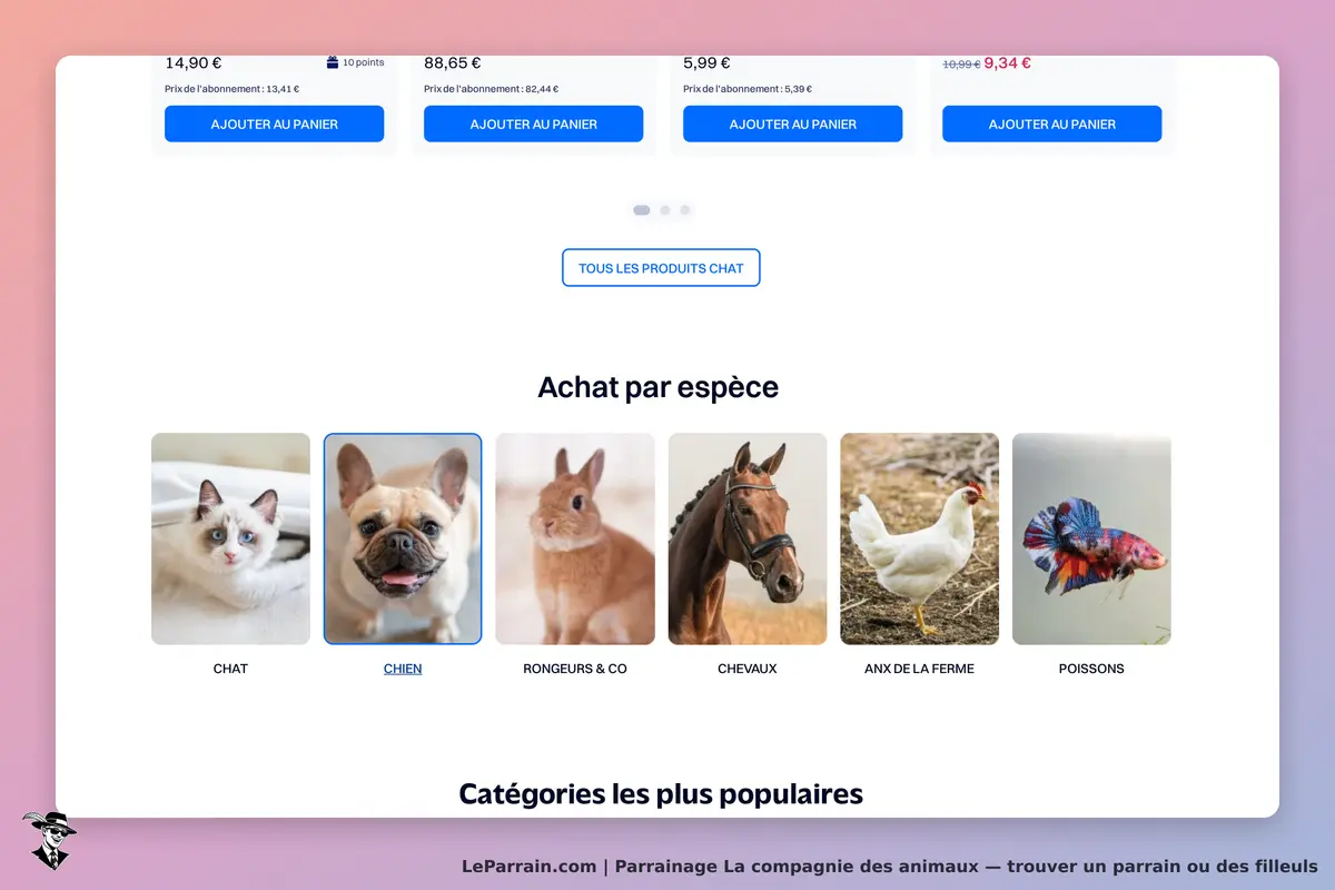 La compagnie des animaux : page d'accueil avec catégories d'animaux et images de produits