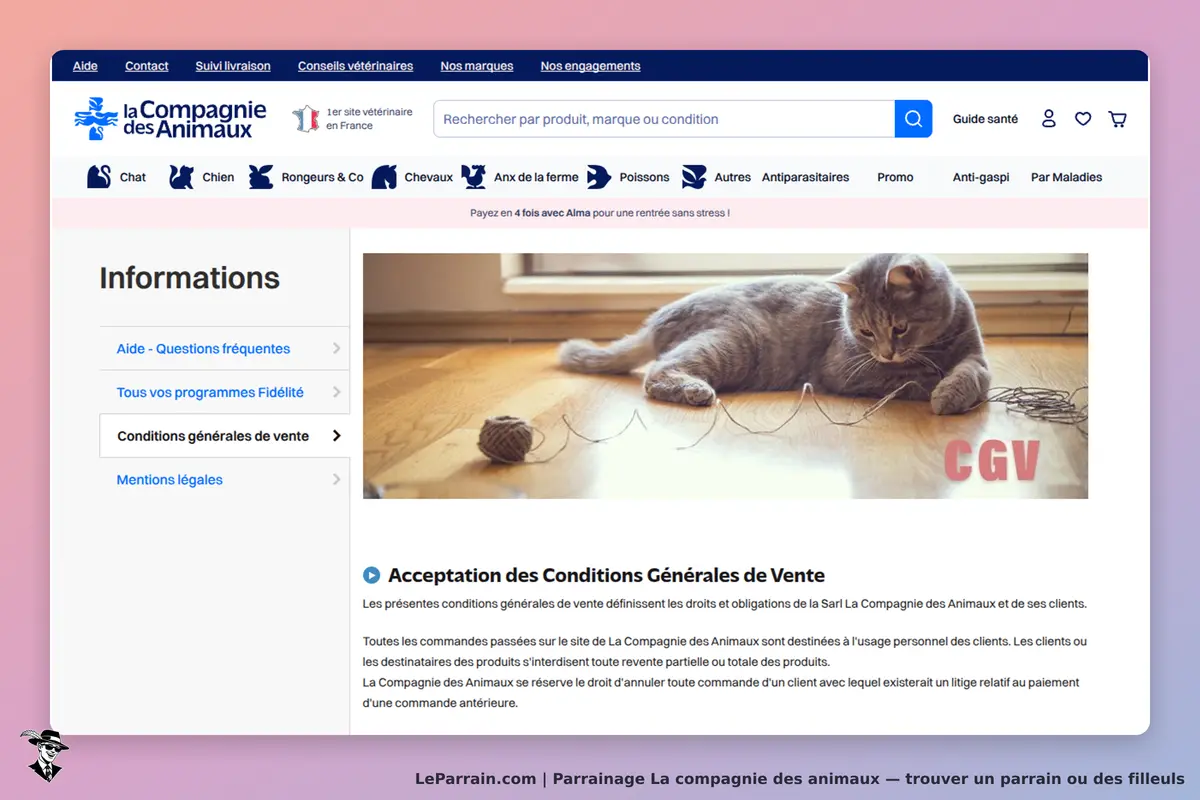 La compagnie des animaux : page d'accueil avec un chat jouant et texte sur les conditions de vente
