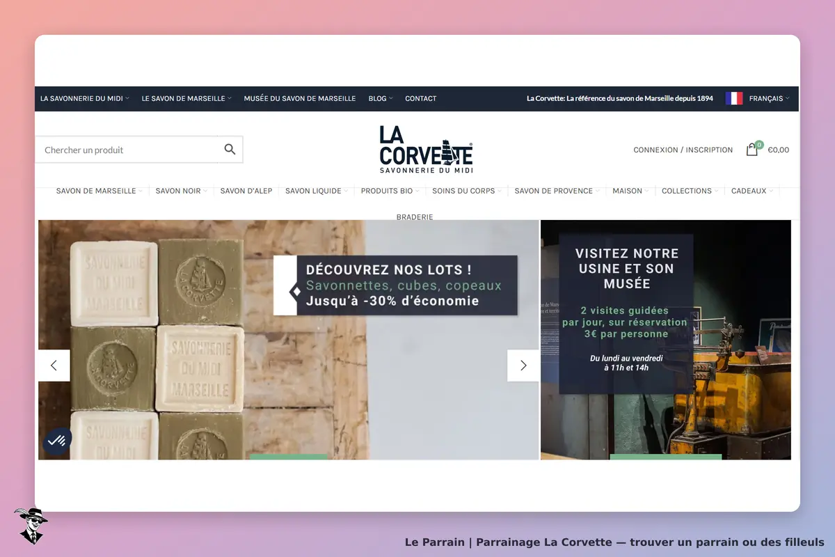 La Corvette : page d'accueil avec des savons et informations sur des visites du musée