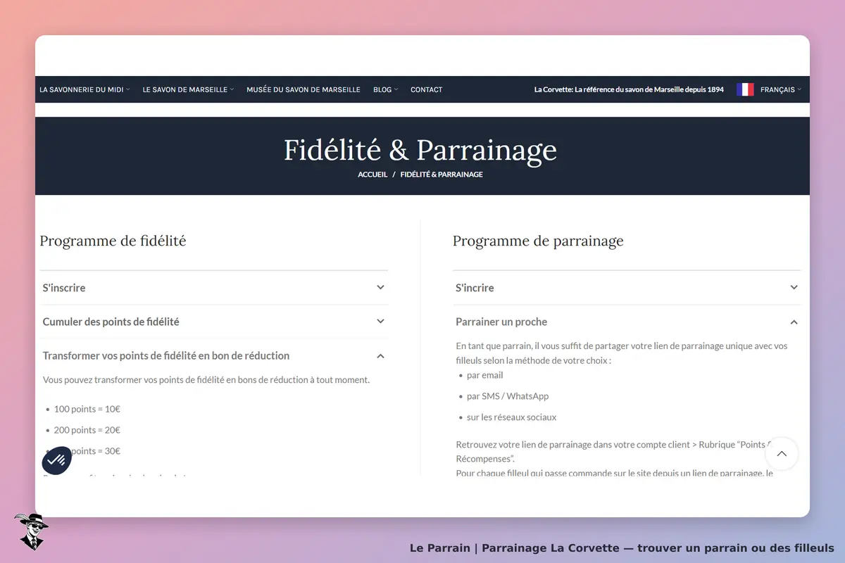 La Corvette : page sur les programmes de fidélité et de parrainage avec options d'inscription