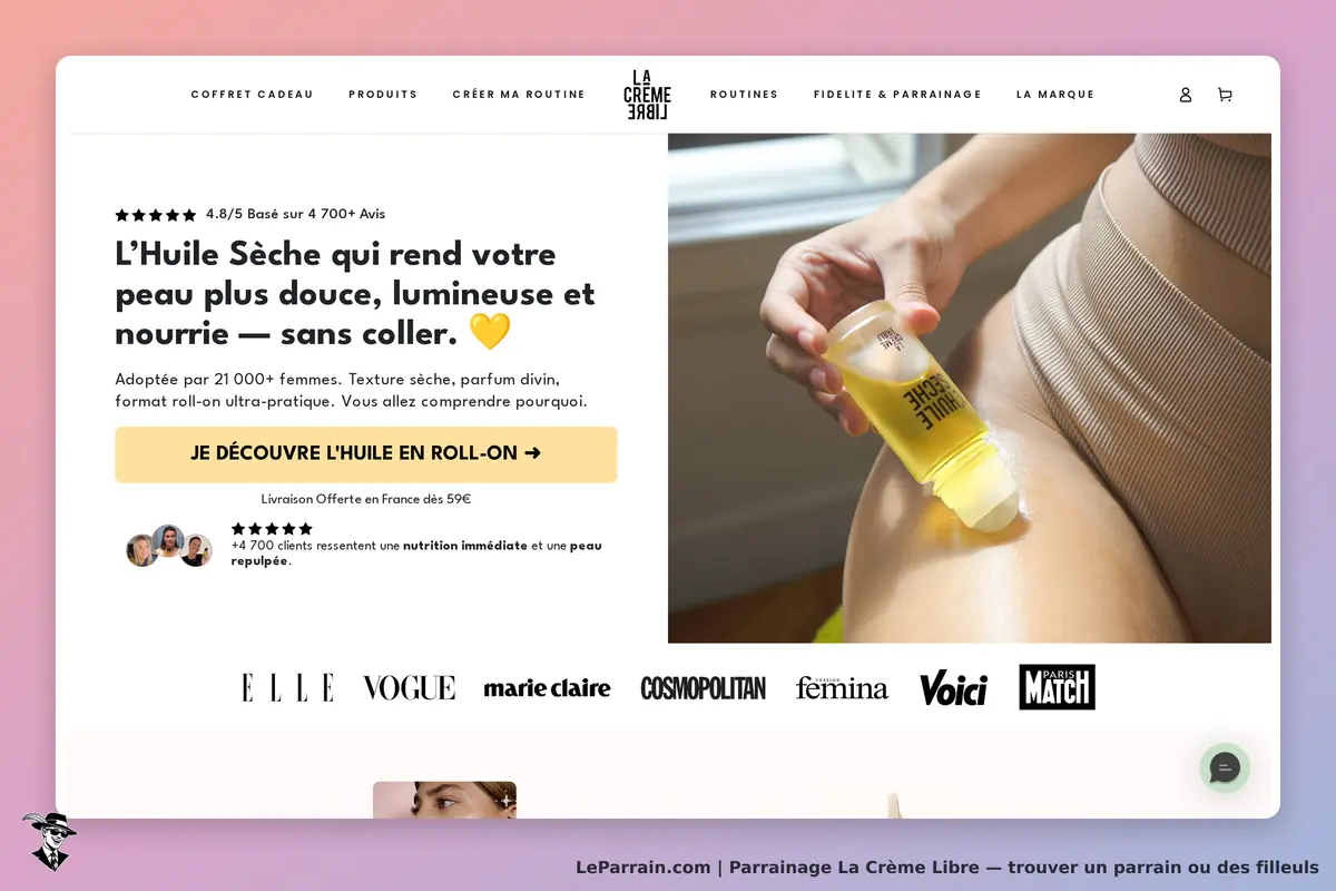 La Crème Libre : page d'accueil présentant l'huile sèche en roll-on sur une peau