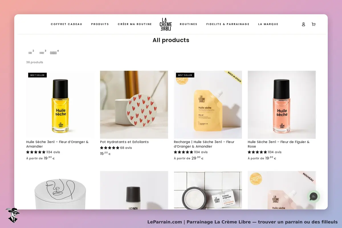 La Crème Libre : affichage de produits avec huiles sèches et soins hydratants sur la page catégorie