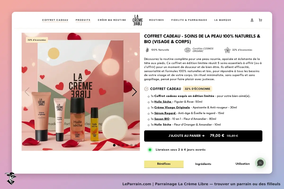La Crème Libre : présentation d'un coffret cadeau avec plusieurs produits de soin sur fond coloré