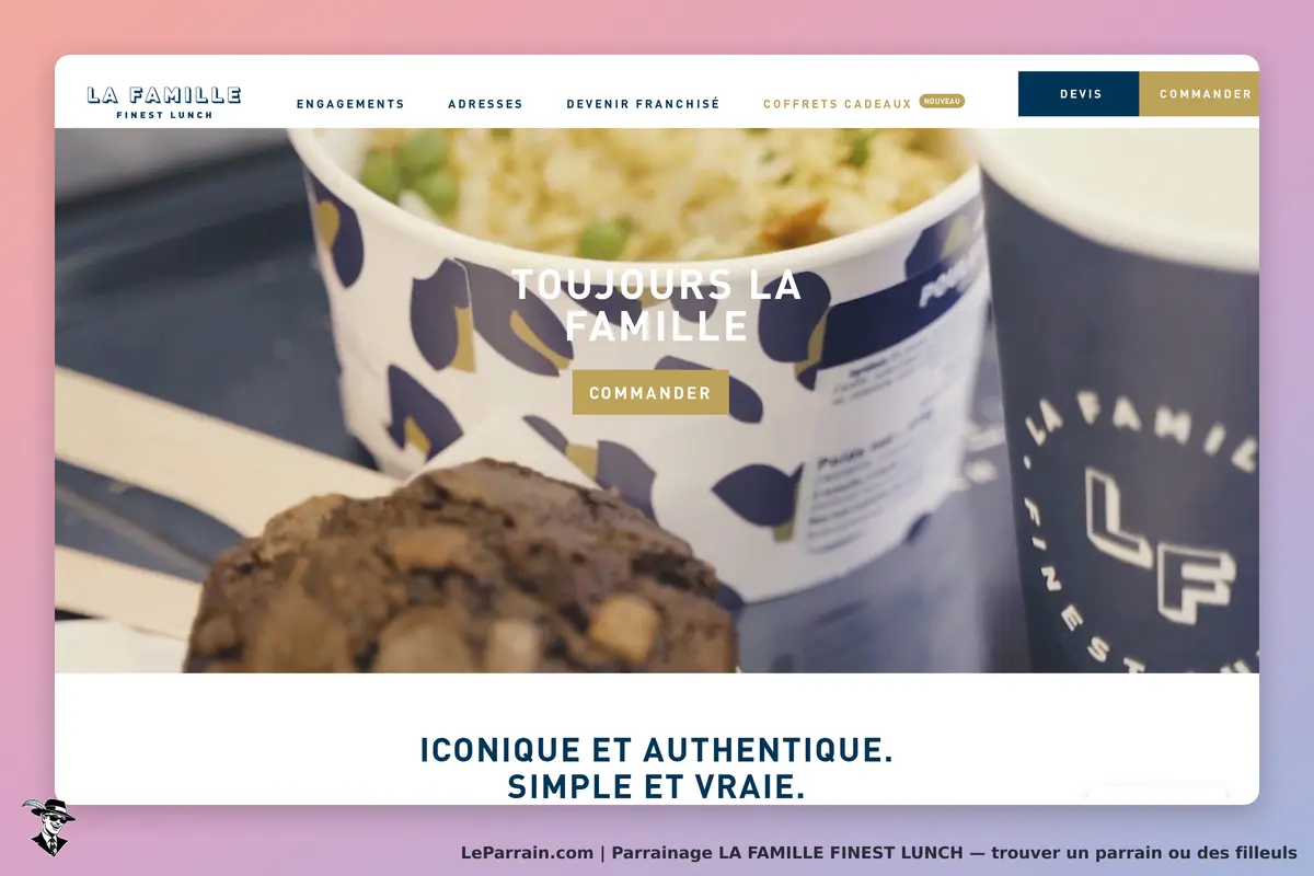 LA FAMILLE FINEST LUNCH : lA FAMILLE : page d'accueil avec des plats et un message d'invitation à
