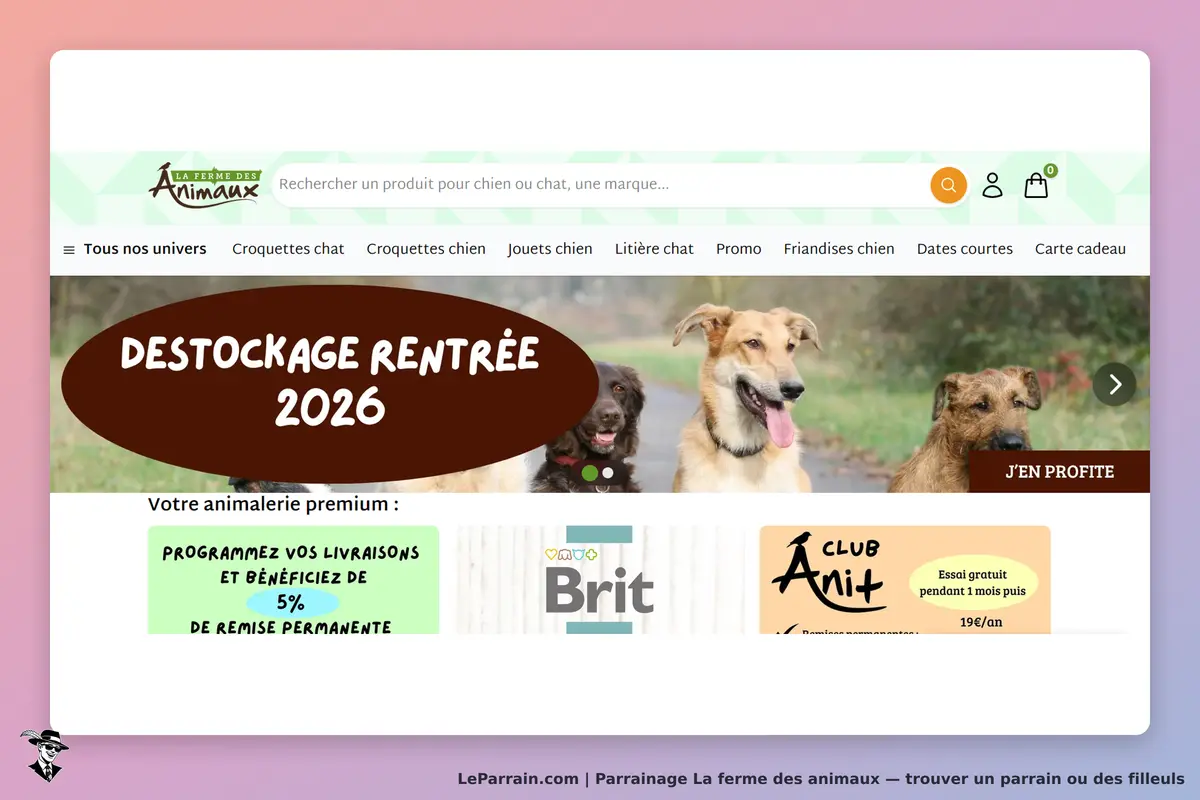 La ferme des animaux : page d'accueil avec chiens, promotion de déstockage et services animaliers