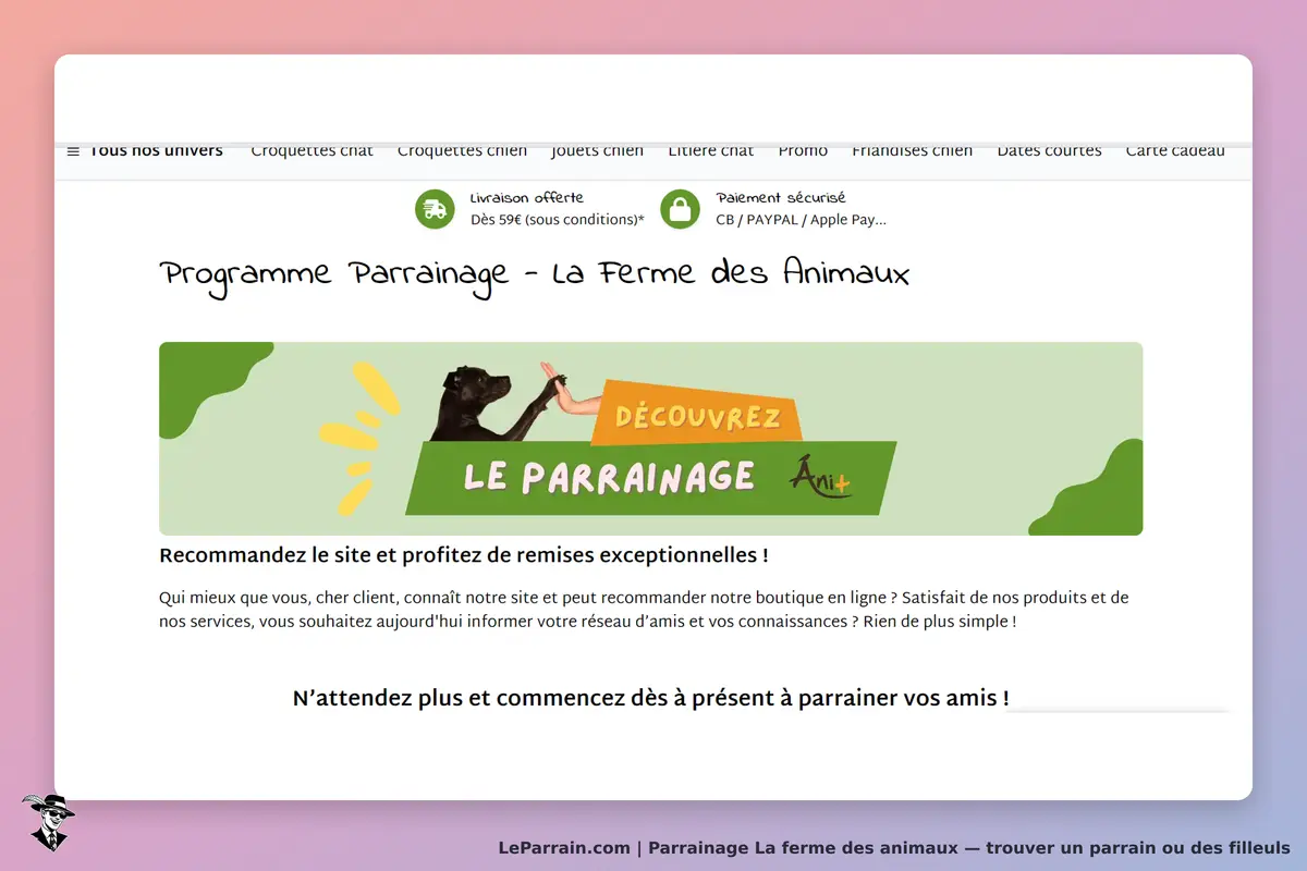 La Ferme des Animaux : page d'accueil avec le programme de parrainage et un visuel d'un chien