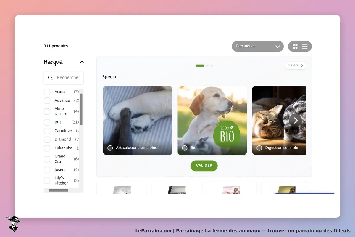 La ferme des animaux : page d'accueil avec produits et options de filtrage à gauche